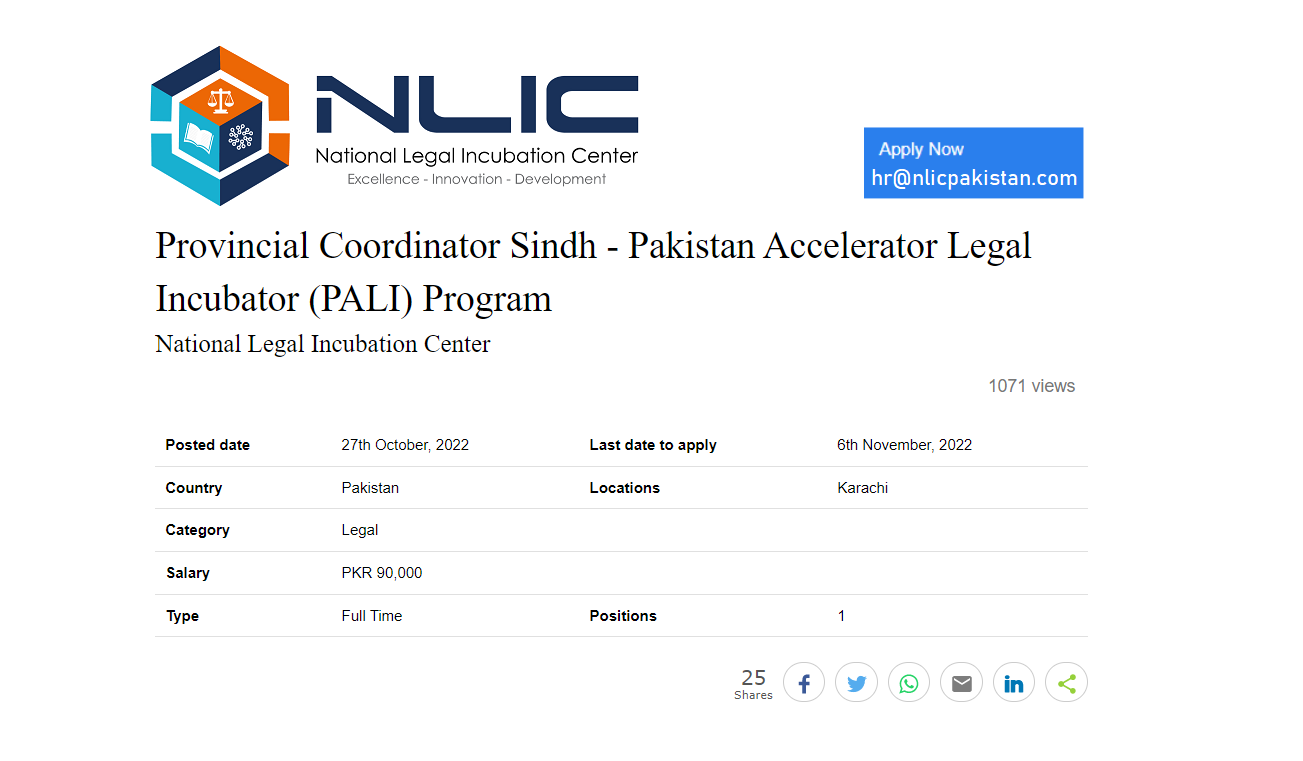 Provincial Coordinator Sindh – Pakistan Accelerator Legal Incubator (PALI) Program